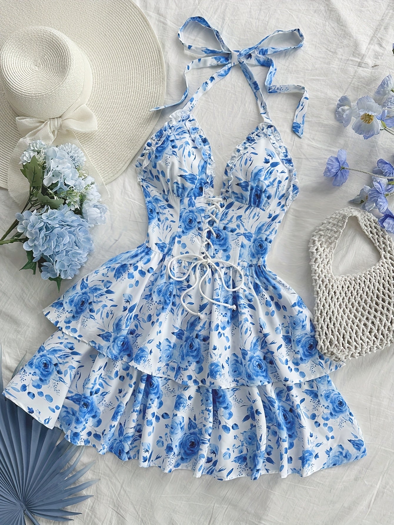 Vintage-Inspired Blue & White Watercolor Rose Print Halter Dress with Tie-Back Detail, Ruffled Hem, and Drawstring Waist - Sleeveless Vacation Dress for Women, Spring/Summer Collection, Cute Dresses